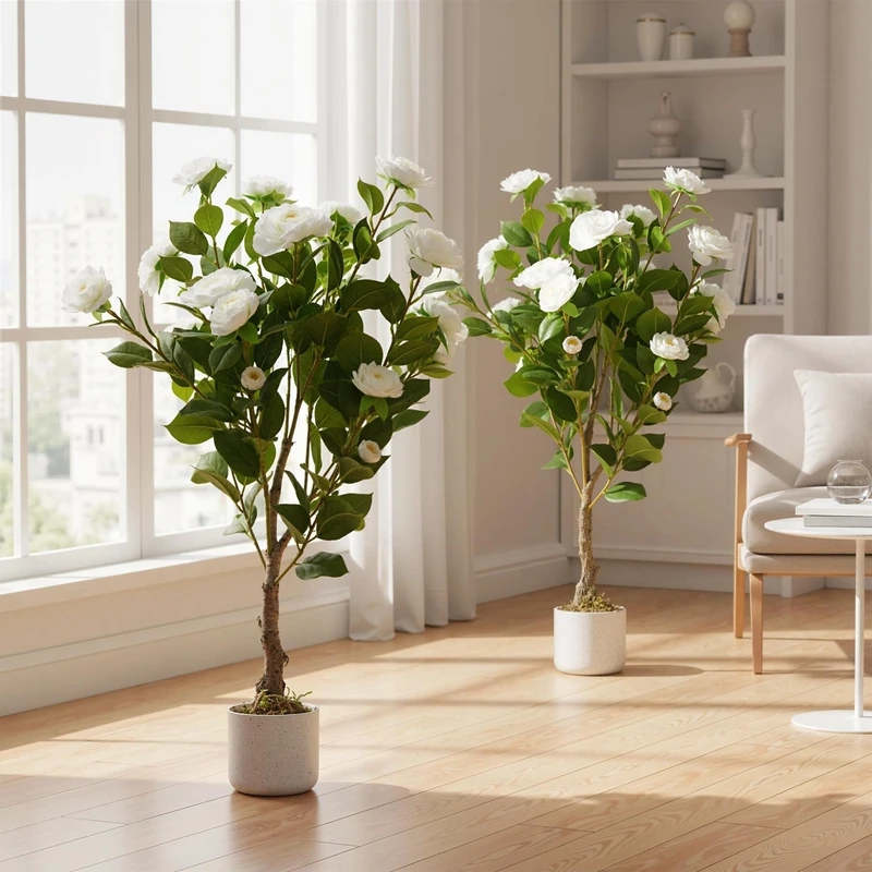 GarveeHome Set of 2 Artificial Camellia Tree (75/85/90/110/120 cm), Artificial Camellia Plant with 16/20/24 Flowers, Artificial Plant in Pot for Home, Front Door, Indoor and Outdoor Use
