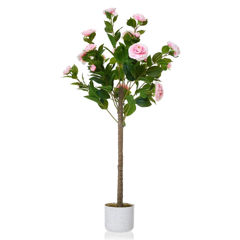 GarveeHome Artificial Camellia Tree (75/85/90/110/120 cm), Artificial Camellia Plant with 16/20/24 Flowers, Artificial Plant in Pot for Home, Front Door, Indoor and Outdoor