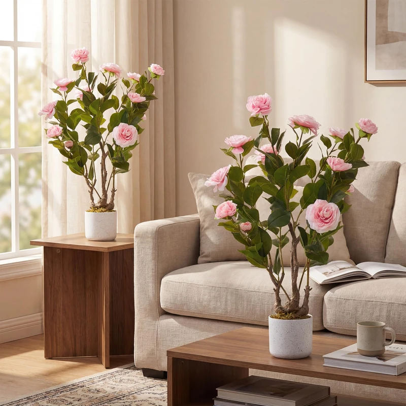 GarveeHome Set of 2 Artificial Camellia Tree (75/85/90/110/120 cm), Artificial Camellia Plant with 16/20/24 Flowers, Artificial Plant in Pot for Home, Front Door, Indoor and Outdoor Use - Image 1