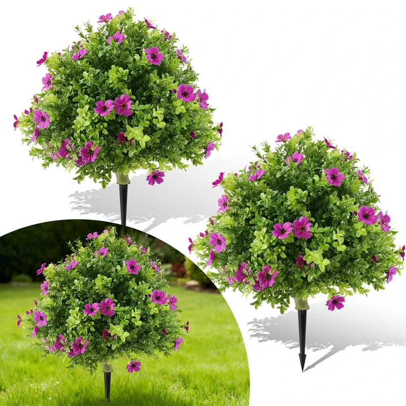 GarveeLife Pack of 2 Artificial Boxwood Balls with Ground Spike, 60 cm Evergreen Artificial Plants, UV-Resistant, Realistic Boxwood Artificial Plants with Flowers for Garden, Porch, Yard, Patio, C - Image 1