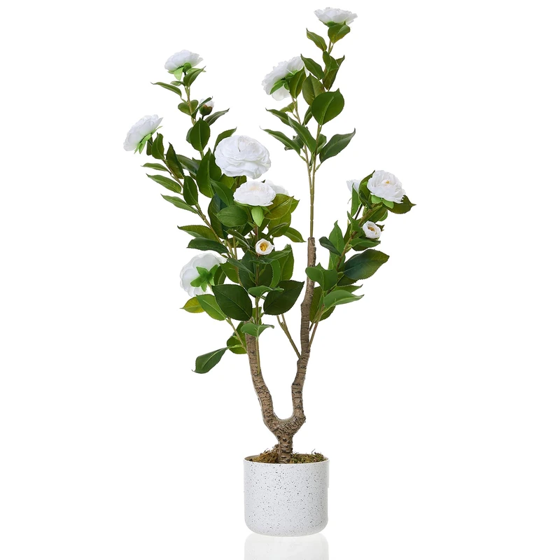 GarveeHome Set of 2 Artificial Camellia Tree (75/85/90/110/120 cm), Artificial Camellia Plant with 16/20/24 Flowers, Artificial Plant in Pot for Home, Front Door, Indoor and Outdoor Use - Image 1