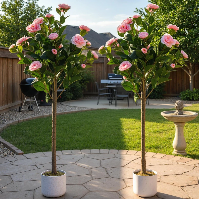 GarveeHome Set of 2 Artificial Camellia Tree (75/85/90/110/120 cm), Artificial Camellia Plant with 16/20/24 Flowers, Artificial Plant in Pot for Home, Front Door, Indoor and Outdoor Use