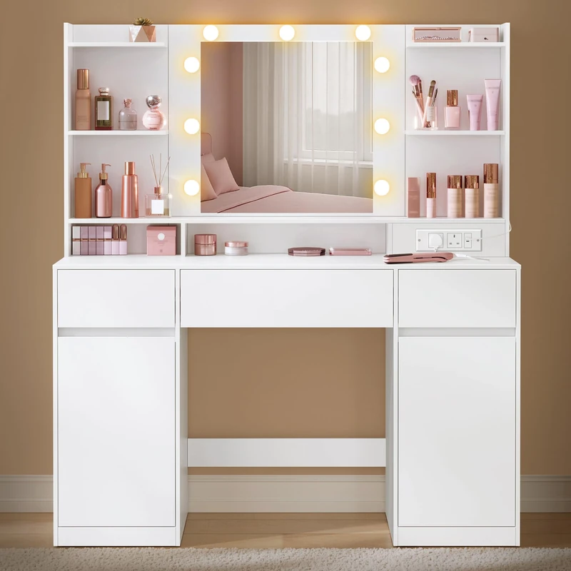 VASAGLE KAILYN Collection - Dressing Table with LED Mirror, Vanity Desk with Power Outlets, 2 Cabinets, 9 Dimmable Bulbs, 3 Light Colours, Toolless Slide Rail Assembly, Cloud White RDT142WB03