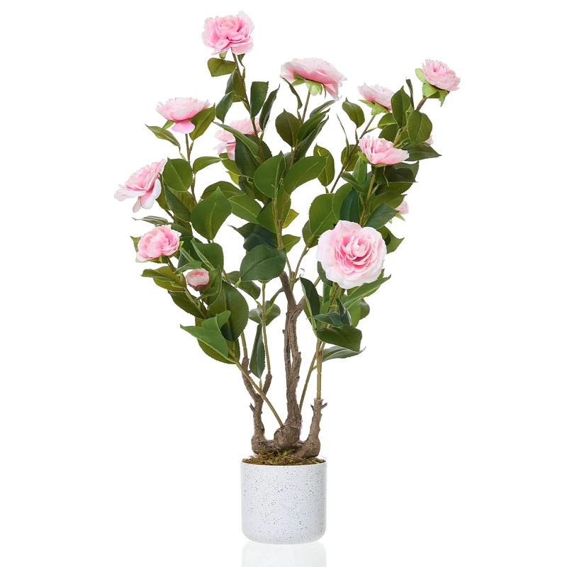 GarveeHome Artificial Camellia Tree (75/85/90/110/120 cm), Artificial Camellia Plant with 16/20/24 Flowers, Artificial Plant in Pot for Home, Front Door, Indoor and Outdoor