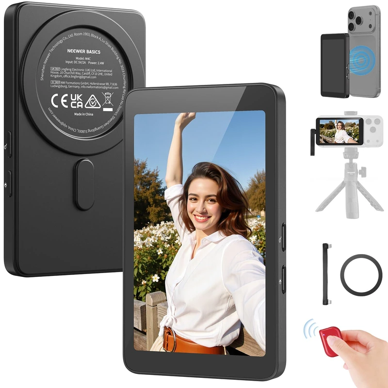NEEWER Basics 4" Magnetic Vlog Selfie Monitor Screen, 4K 120fps Wired Recording for DP Enabled Phone, Back Camera Monitor with Remote for TikTok Video Streaming, NOT compatible with iPhone Air, M4C
