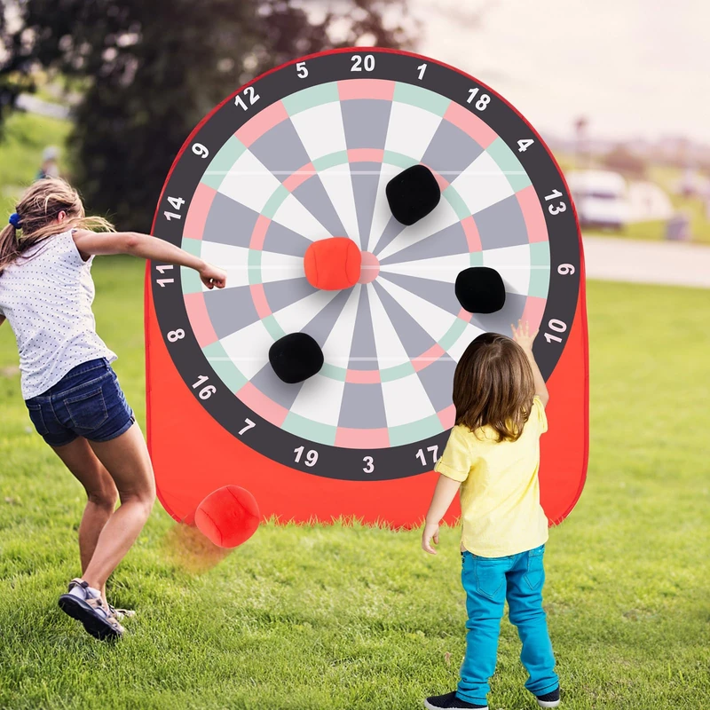 GYMAX Giant Kick Darts, Folding Soccer Target Dartboard with 4 Kick Balls, Carrying Bag, Portable Large Outdoor Kick & Throw Dart Games for Kids Adults, Outdoor, Picnic, Party (Red)