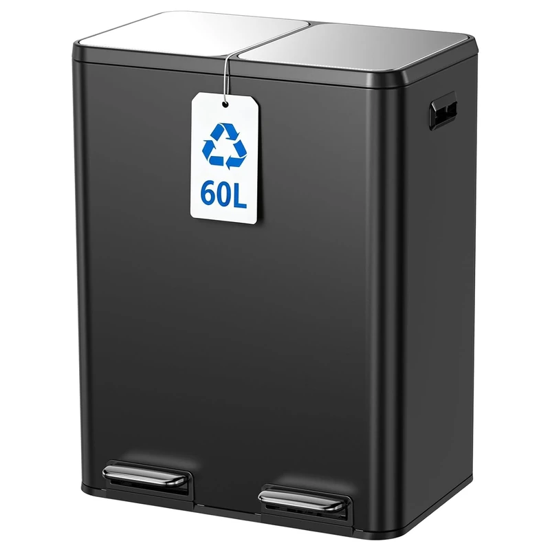 Kitchen Bin,60L Dual Rubbish Bin,2 x 30L Stainless Steel Pedal Bin,Double Bin Recycling with Soft-Close Lids and Plastic Inner Buckets,Fingerprint Proof,Odour Seal,Large Capacity, Space Black - Image 1