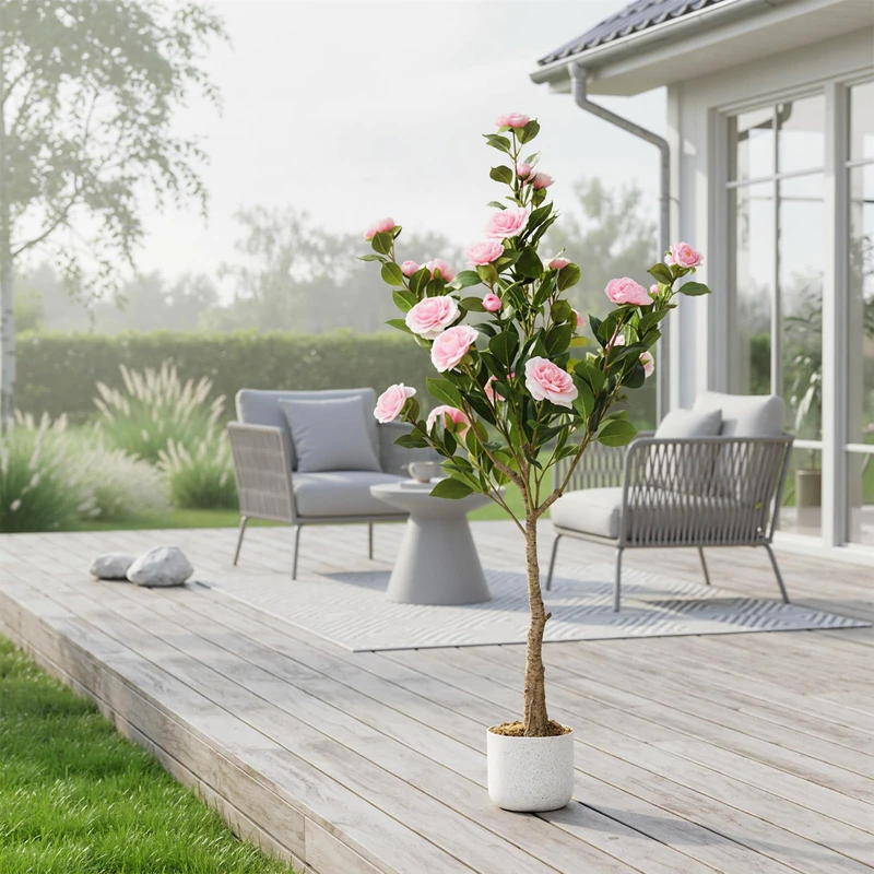 GarveeHome Set of 2 Artificial Camellia Tree (75/85/90/110/120 cm), Artificial Camellia Plant with 16/20/24 Flowers, Artificial Plant in Pot for Home, Front Door, Indoor and Outdoor Use - Image 1