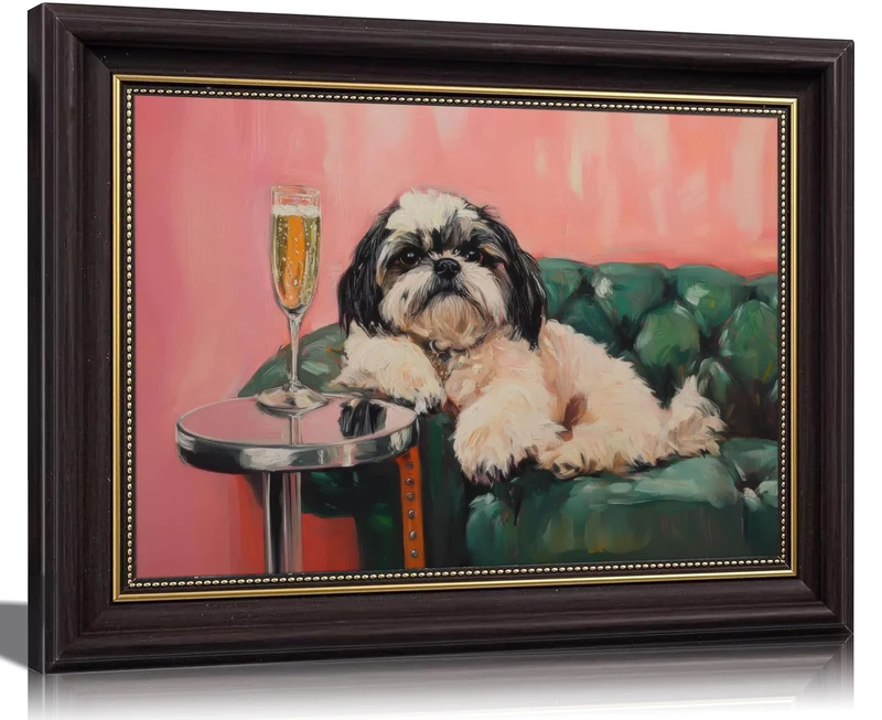 Dark Brown Framed Wall Art Funny Dog Canvas Poster Prints Cute Shih Tzu Dog Champagne Painting Modern Animal Lounging on Sofa Artwork Picture Wall Decor for Living Room Dining Room Bedroom 16x24in