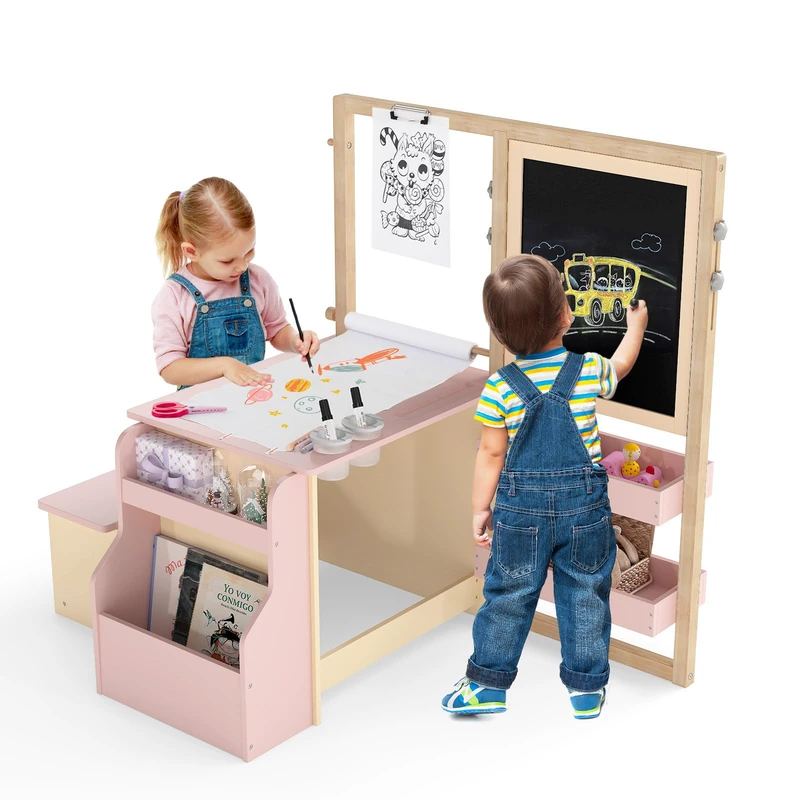 GYMAX Kids Art Table and Bench Set, 3 in 1 Children Activity Table Set with Height Adjustable Double Sided Art Easel, Bookshelf & Accessories, Wooden Drawing Table Set for Toddlers (Pink)