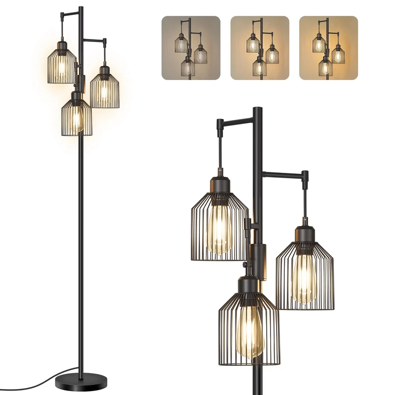 VASAGLE Floor Lamp with 3 Bulbs, Standing Lamp with Metal Shades, Adjustable Brightness, 3 E27 Sockets, Ink Black LFL013BD03