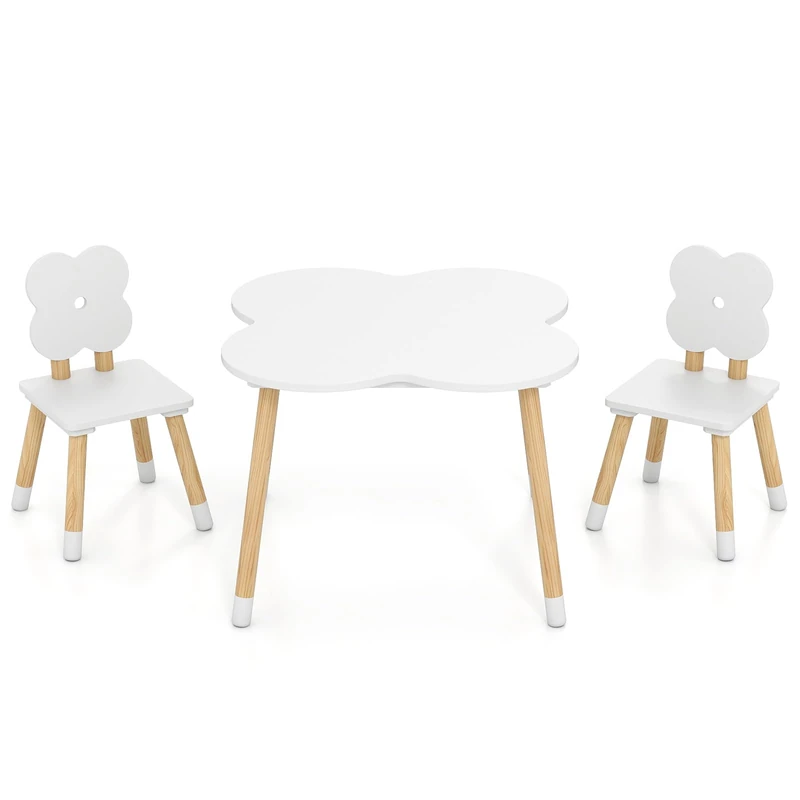 GYMAX Kids Table and Chair Set, Children Activity Table with 2 Chairs and Pine Wood Legs, 3PCS Wooden Toddler Furniture Set for Playing, Learning, Eating (White, Flower Backrest)