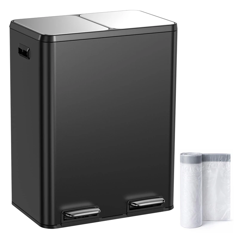 YEAUPE PRO Kitchen Bin,60L Dual Rubbish Bin,2 x 30L Stainless Steel Pedal Bin,Double Bin Recycling with Soft-Close Lids and Plastic Inner Buckets,Fingerprint Proof,Odour Seal,Large Capacity, Black
