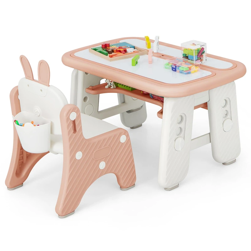 GYMAX Kids Table and Chair Set, Children Activity Table with Chair, Flip-Top Tabletop, Magnetic Drawing Board & Storage Shelf/Box, Height Adjustable Toddler Art Table Set for Boys Girls (Pink)
