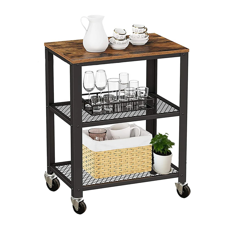 Relaxdays Kitchen Trolley with 3 Shelves, Wood-Effect, Castors, Metal, 77.5x60x40 cm, Brown-Black