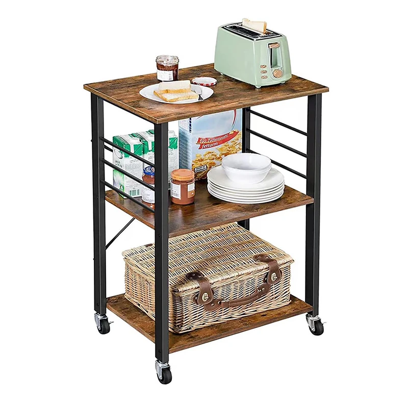 Relaxdays 3-Tier Kitchen Trolley with Hooks, Metal Frame, Castors, 89x60x40cm, Brown-Black for Home & Office