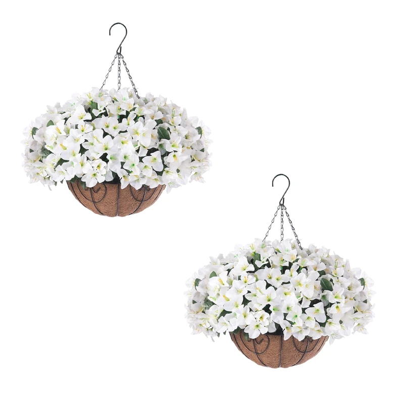 GarveeHome Pack of 2 Artificial Hanging Geraniums, Artificial Flowers, Hanging Artificial Geraniums in Basket, Decoration, Silk Flowers, Artificial Flowers, Porch Hanging Flowers for Balcony
