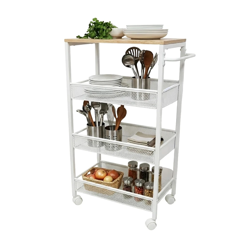 Relaxdays Slim Niche Trolley, 4-Tier Rolling Metal Shelf for Bathroom & Kitchen, 77x22x45 cm, Natural/White