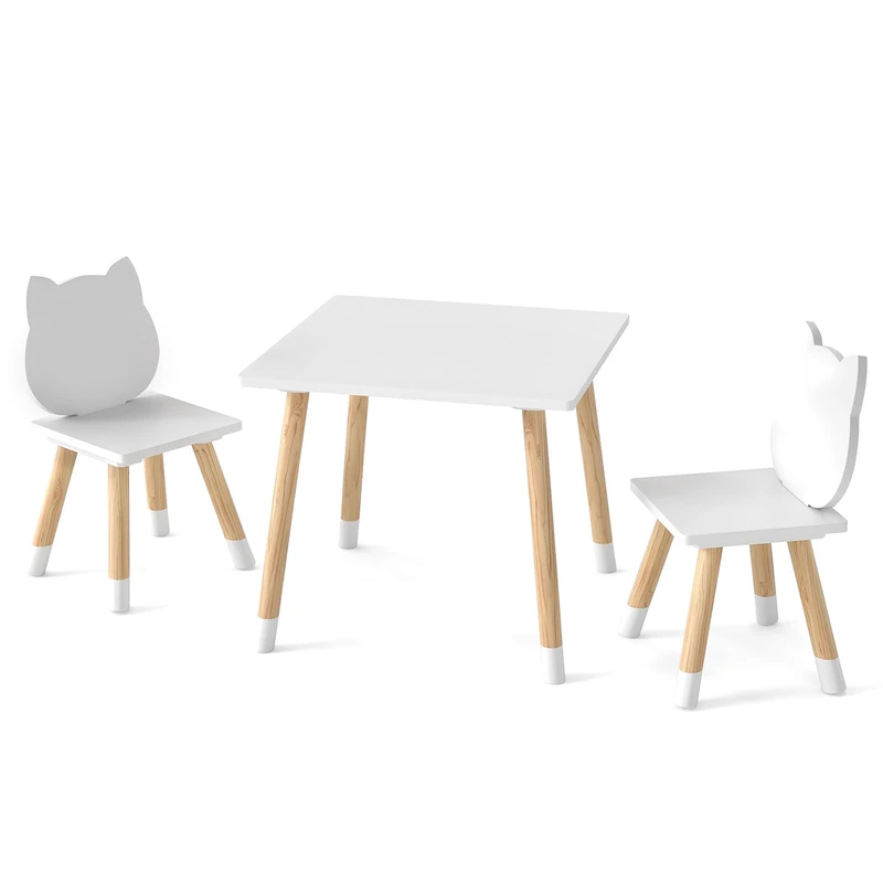 GYMAX Kids Table and Chair Set, Children Activity Table with 2 Chairs and Pine Wood Legs, 3PCS Wooden Toddler Furniture Set for Playing, Learning, Eating (White, Kitty Backrest)