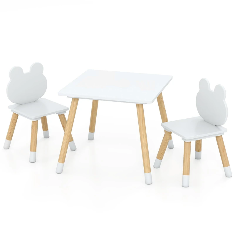 GYMAX Kids Table and Chair Set, Children Activity Table with 2 Chairs and Pine Wood Legs, 3PCS Wooden Toddler Furniture Set for Playing, Learning, Eating (White, Froggy Backrest)