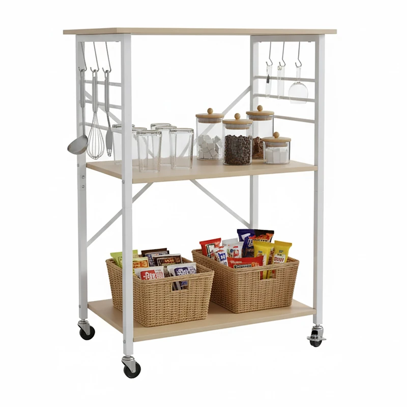 Relaxdays 3-Tier Kitchen Trolley with Hooks, Rolling Metal Frame, 89x60x40cm, Natural White