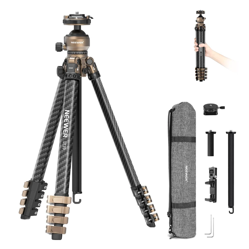 NEEWER LITETRIP Carbon Fiber Travel Tripod with Pan Tilt Low Profile Ball Head, 61" Arca Type DSLR Camera Phone Holder Stand Compatible with PD V3 Plates iPhone, 2 Center Columns, Max Load 22 lb, LT39