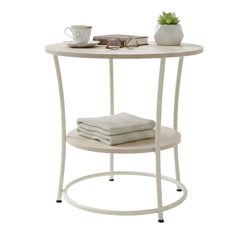 Relaxdays Round Side Table, 2 Tiers, Wood-Effect & Metal, HxD: 55 x 55 cm, Natural/Cream