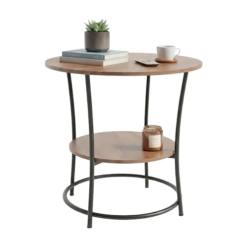 Relaxdays 2-Tier Round Side Table, Wood-Effect & Metal, 55 x 55 x 55 cm, Brown/Black