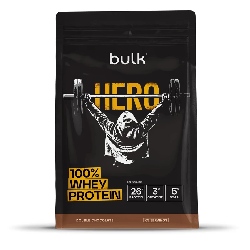 Bulk Hero Whey Protein Powder | Double Chocolate | 65 Servings | 26g Protein + 3g Creatine | 5g BCAAs | Low Sugar | Fast Absorption | Isolate, Hydrolysed & Concentrate Blend