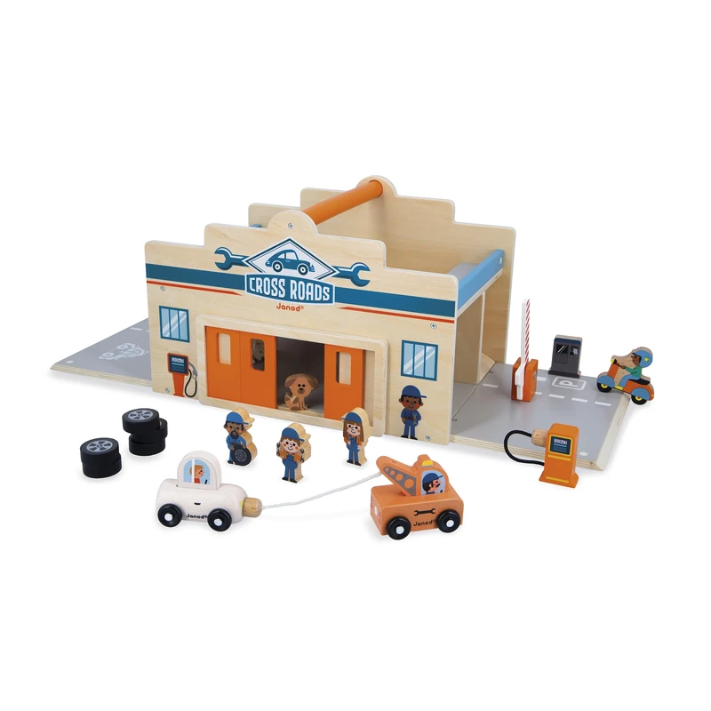 Janod - My First Wooden Car Garage Children 2 years and up - 2 Levels, Mechanic's Workshop + Car Wash - 15 Accessories Included - Ages 2 and up