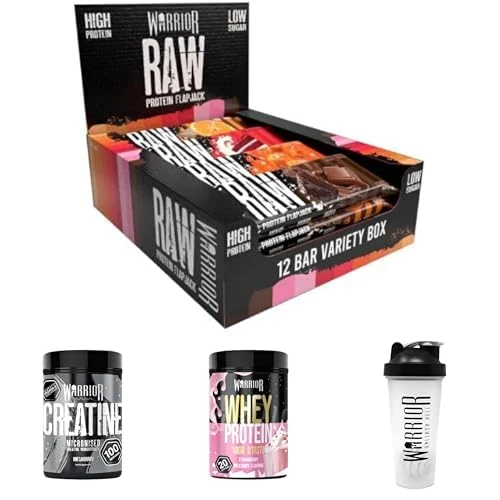 Warrior Gym Performance Bundle of Warrior Raw Protein Bars Variety Pack 12 x 75g Bars + 500g Creatine Unflavoured + 500g Whey Protein Powder Strawberry Milkshake + Protein Shaker Bottle 600ml - Image 1