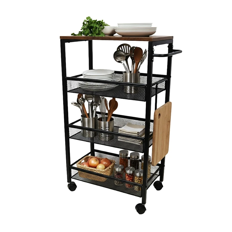 Relaxdays Narrow 4-Tier Metal Storage Trolley, Bath/Kitchen Shelf, 77x22x45 cm, Brown/Black