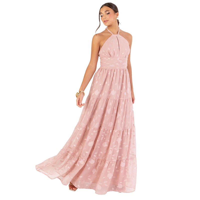 Maya Deluxe Women's Maxi Dress Sleeveless Halterneck A-line Floral Self-tie Keyhole Tiered Open Back Wedding Guest Bridesmaid Prom, Blush Pink 16