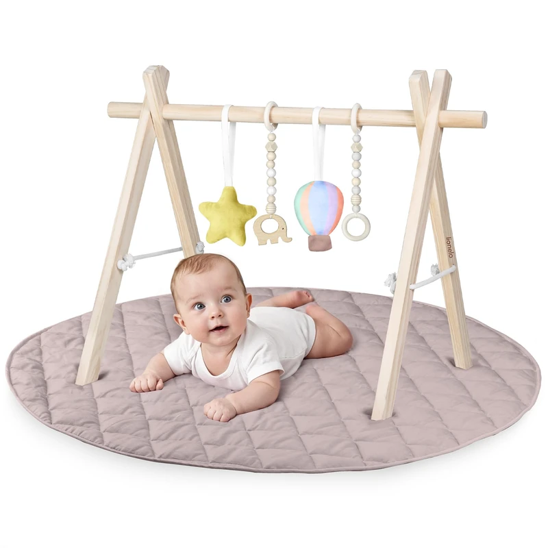 Lionelo Anis Set Baby Play Mat and Wooden Baby Gym, Foldable Play Arch with 4 Removable Toys, Cotton Activity Mat 100 cm, 2 cm Thick Non-Slip, Montessori Sensory Play, Easy Setup, Gift-Ready, 0+