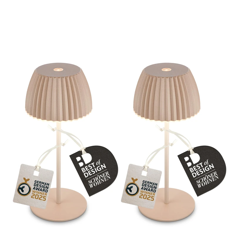 BRILONER - Set of 2 Riffle Mini Rechargeable LED Table Lamps Ip44 with Light Edge, 8.5x20cm, Touch, Replaceable Battery, LED Light, Bedside Lamp, German Design Award Winner 2025, Umbrasand