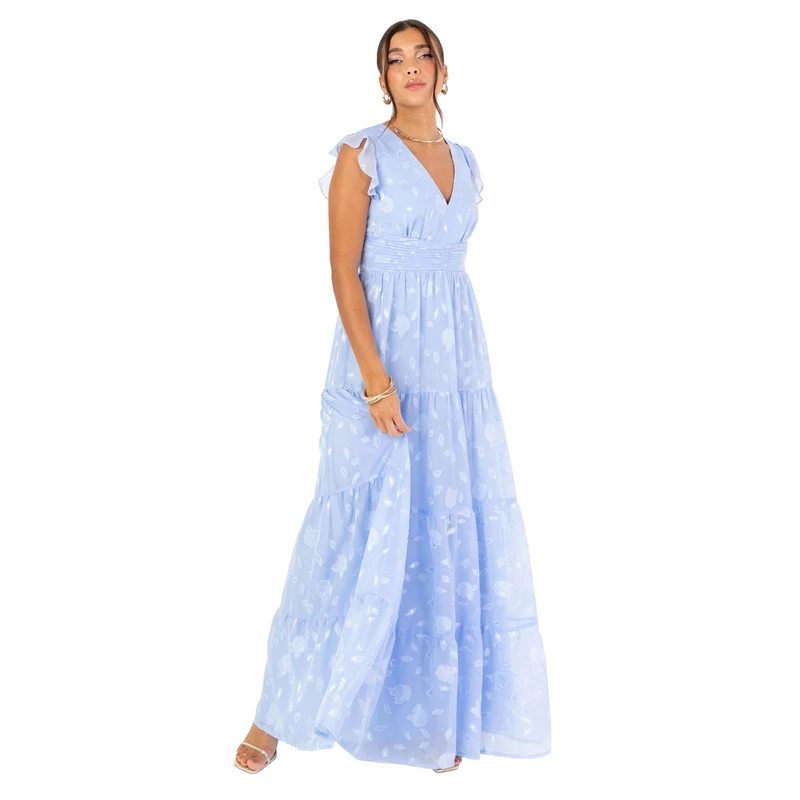 Maya Deluxe Women's Maxi Dress Ladies V-Neck Flutter Sleeve Floral Tiered Ruffle Bridesmaid Wedding Guest Prom Evening Occasion, Light Blue 16