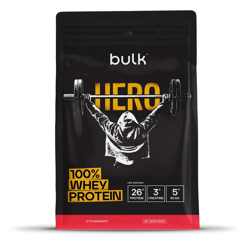 Bulk Hero Whey Protein Powder | Strawberry | 65 Servings | 26g Protein + 3g Creatine | 5g BCAAs | Low Sugar | Fast Absorption | Isolate, Hydrolysed & Concentrate Blend