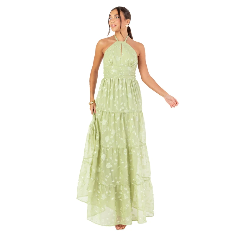 Maya Deluxe Women's Maxi Dress Sleeveless Halterneck A-line Floral Self-tie Keyhole Tiered Open Back Wedding Guest Bridesmaid Prom, Sage Green 8