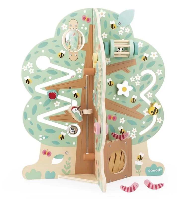 Janod - Wooden Baby Educational Tree 20 Activities - Tree Shape with Smelling Apple Smell - Gears, Loopings, Mazes, Descenders and More - Develops Fine Motor Skills - From 1 year old