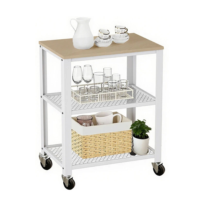 Relaxdays Kitchen Trolley, 3-Tier Wood-Effect Metal on Castors, 77.5 x 60 x 40 cm, Light Brown/White