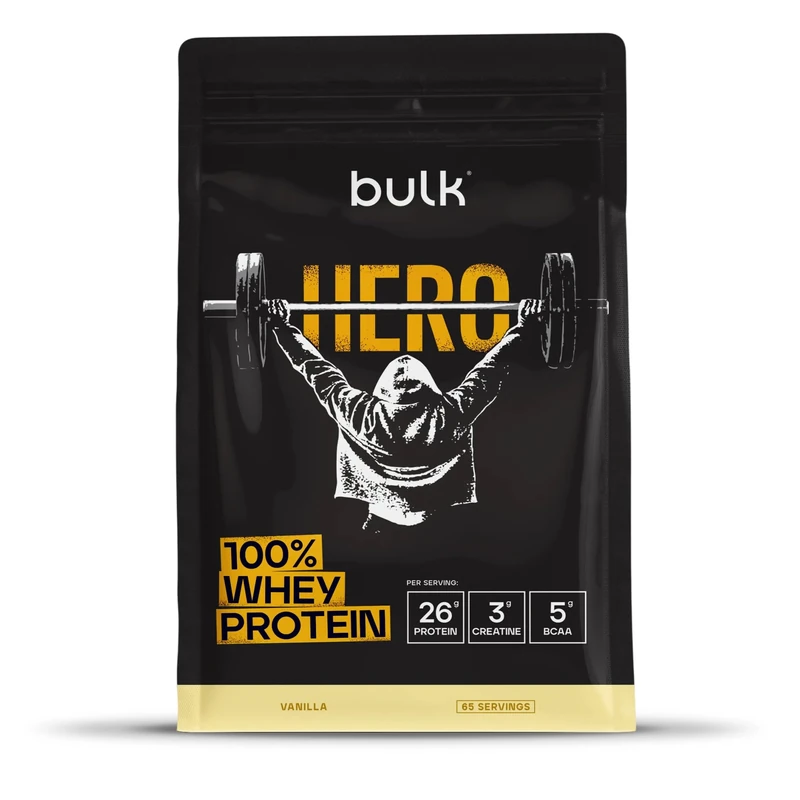 Bulk Hero Whey Protein Powder | Vanilla | 65 Servings | 26g Protein + 3g Creatine | 5g BCAAs | Low Sugar | Fast Absorption | Isolate, Hydrolysed & Concentrate Blend
