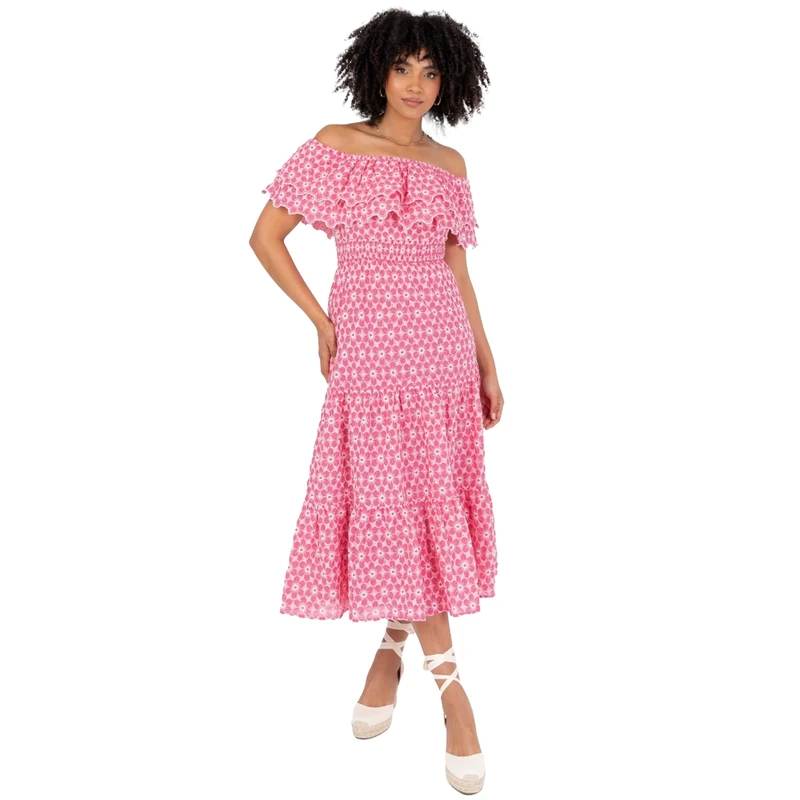 Lovedrobe Women’s Pink Off Shoulder Midaxi Dress Shirred Bodice Ruffle Bardot A-Line Tiered Summer Dress Floral Print Holiday Size 8