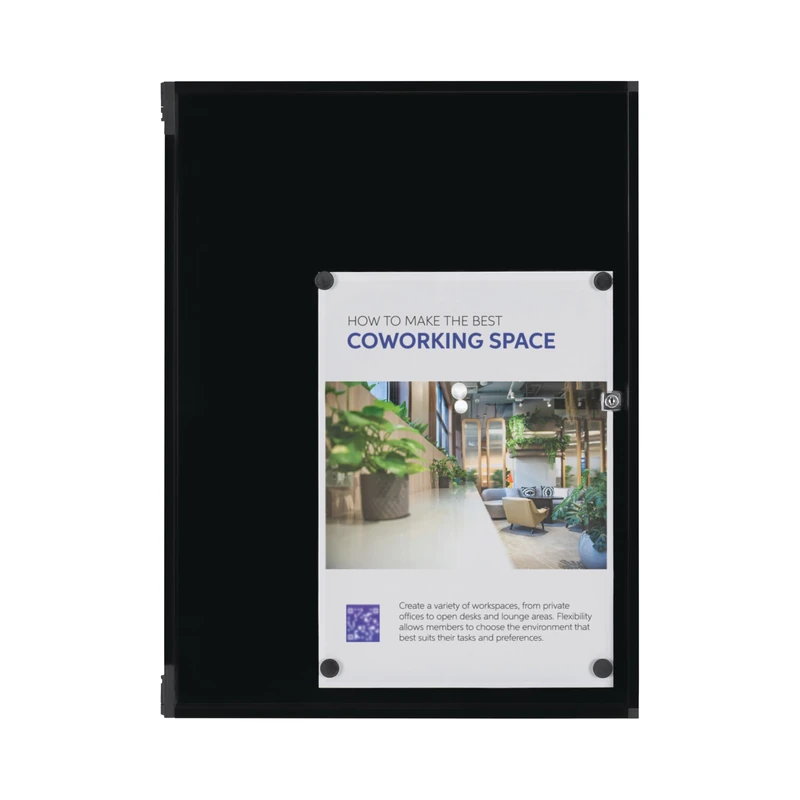 Bi-Office New Generation A9 Black Display Case, 9xA4, Black Magnetic Surface, Acrylic Door with Lock, Black Aluminium Frame