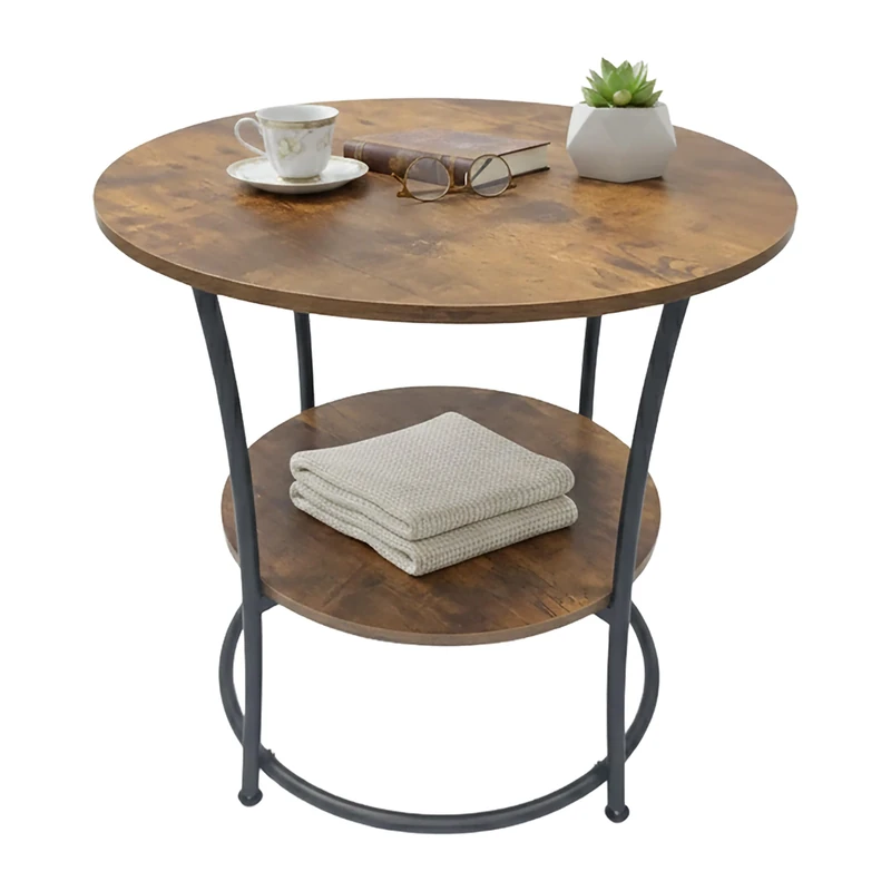 Relaxdays Round Side Table with 2 Shelves, Wood-Effect & Metal, 55x55x55 cm, Dark Brown/Black