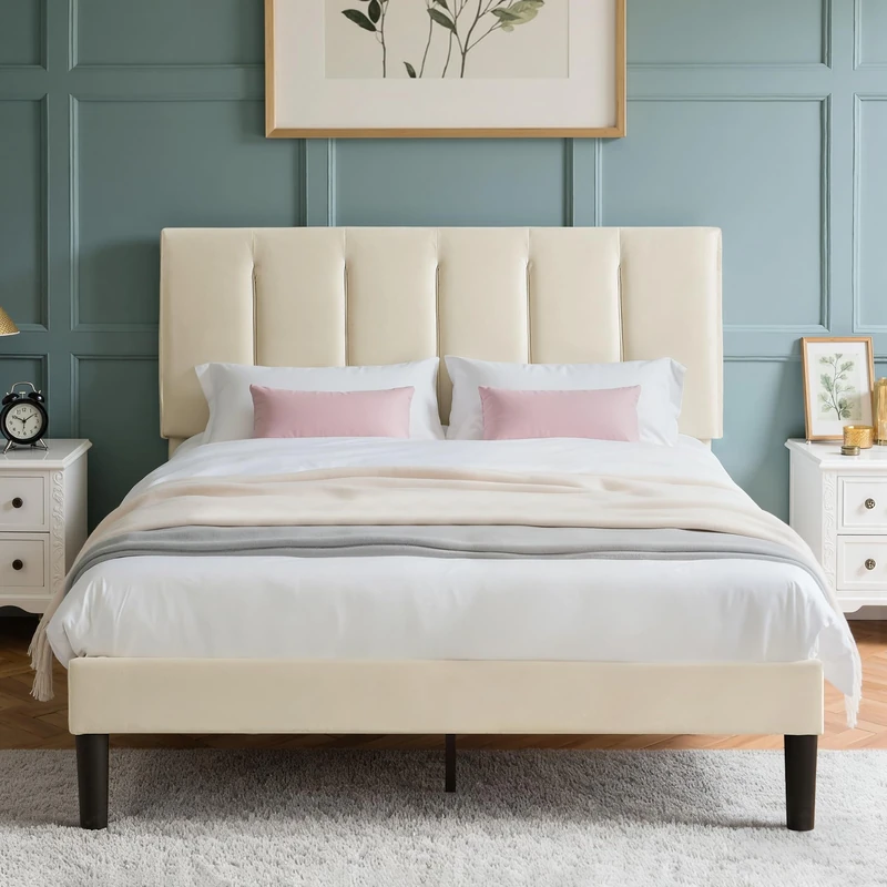 VECELO 4FT6 Double Bed Frame Upholstered Platform with Adjustable Headboard, Velvet Fabric, Sturdy Wooden Slat Support, No Box Spring Needed, Easy Assembly, Beige