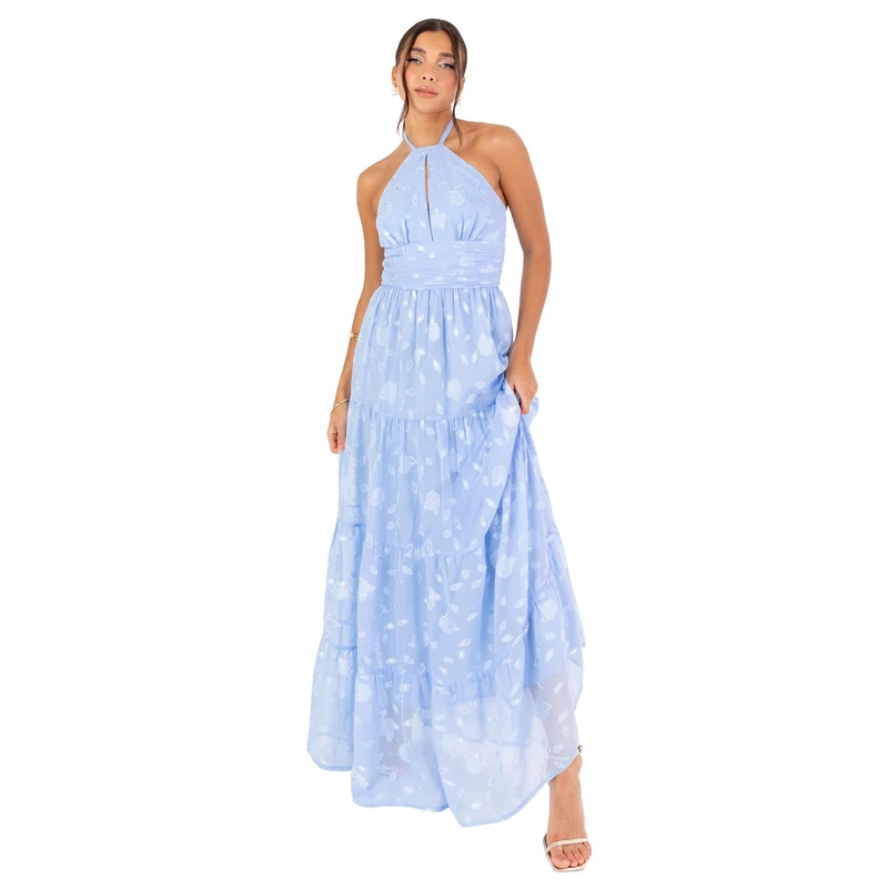 Maya Deluxe Women's Maxi Dress Sleeveless Halterneck A-line Floral Self-tie Keyhole Tiered Open Back Wedding Guest Bridesmaid Prom, Light Blue 18