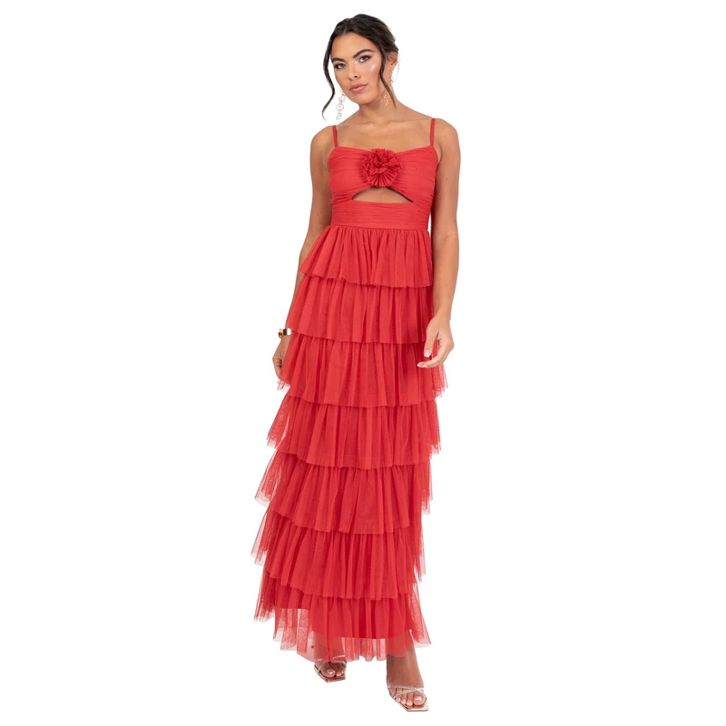Anaya with Love Women's Maxi Dress Ladies Recycled Cami Strap Cutout Corsage Ruffle Tiered Tulle A-line Wedding Guest Bridesmaid Prom, Red 16