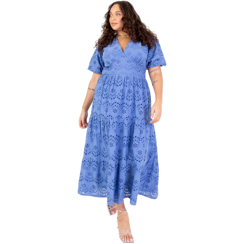 Lovedrobe Women’s Blue Broderie Midaxi Dress V-Neck Puff Sleeve A-Line Summer Dress Tiered Skirt Eyelet Embroidered Look Holiday Size 24