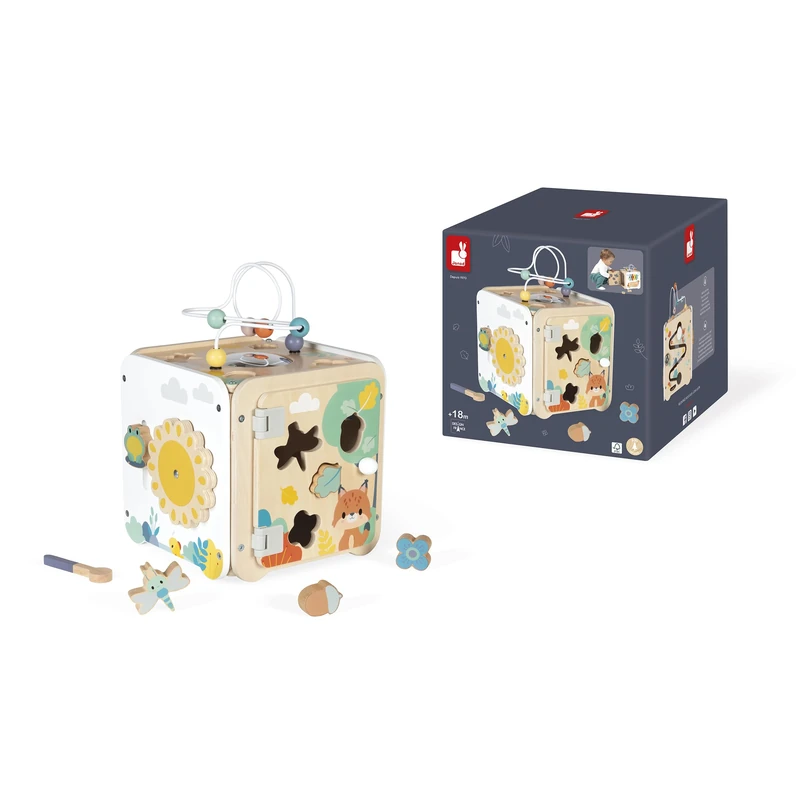 Janod - Large Wooden Multi-Activity Cube - 8 Activities for Children and Babies - Early Learning Toy - Fine Motor Skills Development - Wooden Toy - From 18 Months