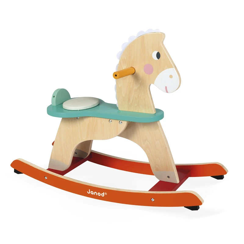 Janod - Wooden Rocking Horse - Anti-Rocking Skates + Cushion + Removable Safety Bar - Early Learning Toy - From 12 Months